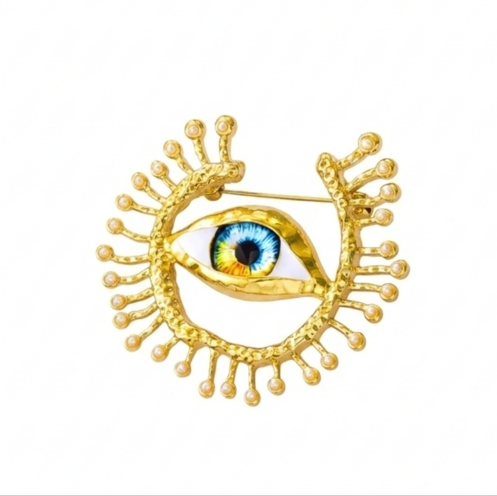 🆕️ Schiaparelli Style Gold Eye Brooch with Blue and Gold Accents NWOT